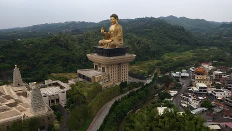 Drone-aerial-right-rotating-flying-view-Fo-Guang-Shan-golden-Buddha-statue-Museum-complex