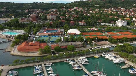 Drone-aerial-left-rotating-flying-viewPortoroz-before-ATP-Challenger-Slovenia-Open-tennis