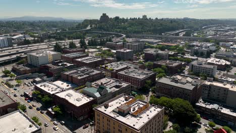Wide-drone-shot-of-Seattle's-International-District-on-a-sunny-day