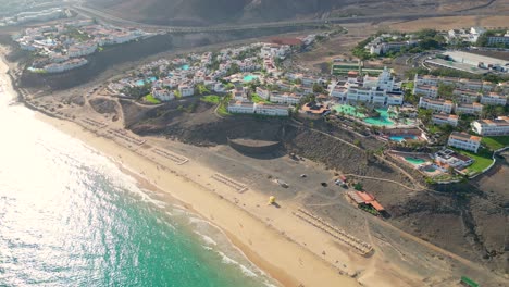 Aerial-view-of-a-luxury-hotel-along-the-coast-Hotel-Princess-Fuerteventura,-Canary-Islands,-Spain