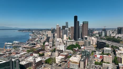 Wide-aerial-shot-of-Seattle's-Chinatown-surrounding-the-downtown-skyscrapers