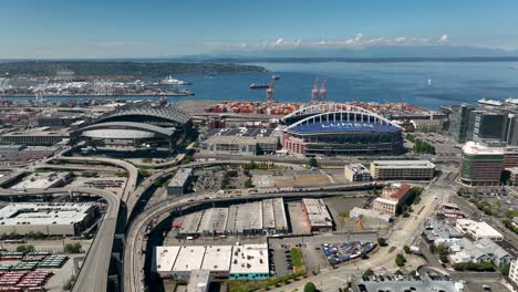 Aerial-view-of-Lumen-and-T-Mobile-stadiums-in-Seattle,-Washington