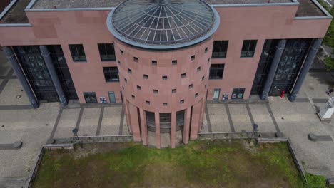 Pfalztheater-building-facade-in-Kaiserslautern,-Germany.-Aerial
