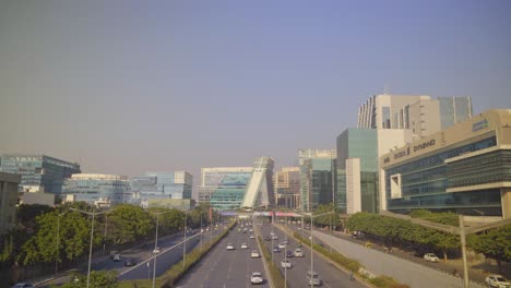 Wide-shot-of-business-center-in-DLF-cybercity-with-world-class-multi-lane-road-infrastructure,-Gurugram,-India
