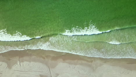 Gentle-waves-from-aquamarine-ocean-break-onto-sandy-beach,-aerial-top-down