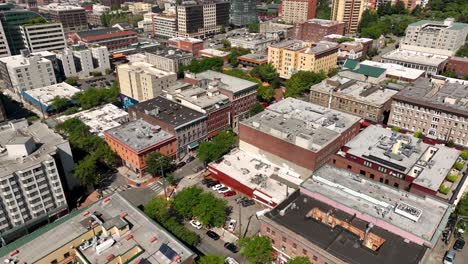 Drone-shot-of-Seattle's-Chinatown-on-a-sunny-day