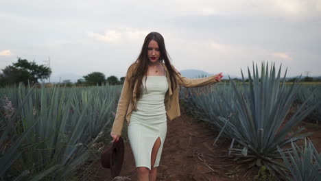 Woman-playfully-walking-among-agave-fields-in-Mexico---Slow-motion-push-out-follow-shot