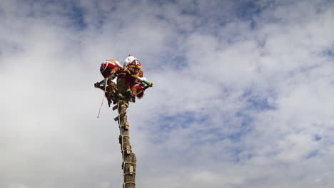 Voladores-de-Papantla-preparing-to-perform-ritual-dance-on-top-of-wooden-pole-in-Tequila-town,-Jalisco,-Mexico