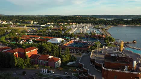 Drone-aerial-left-rotating-flying-view-of-sunset-Portoroz-before-ATP-Challenger-Slovenia-Open-tennis