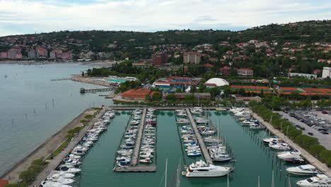 Drone-aerial-slow-forward-flying-view-of-evening-Portoroz-before-ATP-Challenger-Slovenia-Open-tennis