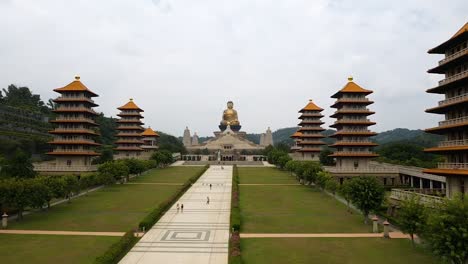 Drone-aerial-forward-flying-view-of-Fo-Guang-Shan-golden-Buddha-Museum-complex