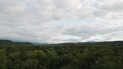 Flyover-aerial-shot-of-lush-forest-in-Durham-Arkansas,-sideways,-cloudy-day