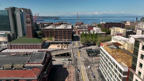Drone-shot-of-Seattle's-Chinatown-connecting-to-Pioneer-Square