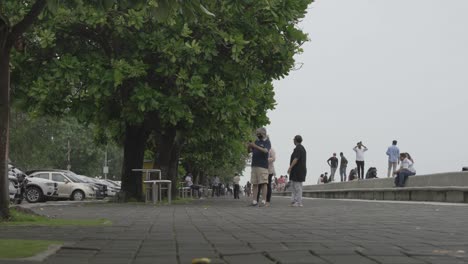 Touristen,-Die-Auf-Der-Promenade-Spazieren-Gehen,-Halten-An-Und-Machen-Fotos-Neben-Den-üppigen-Grünen-Bäumen-In-Mumbai,-Indien