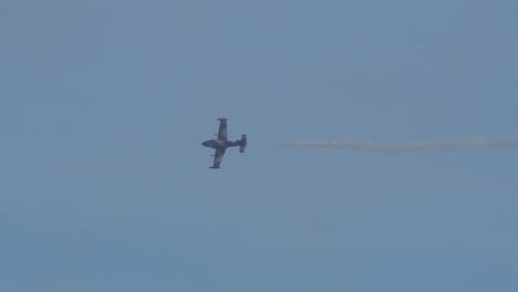 One-BAC-Strikemaster-jet-flying-in-slowmotion-during-airshow-in-Bournemouth,-England