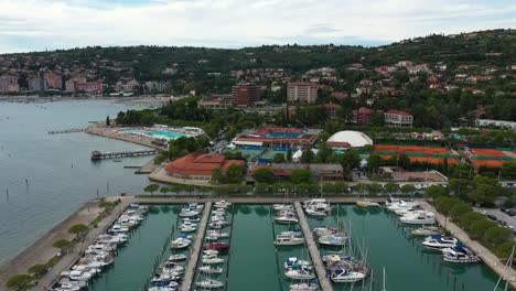 Drone-aerial-fast-forward-flying-view-of-Portoroz-before-ATP-Challenger-Slovenia-Open-tennis