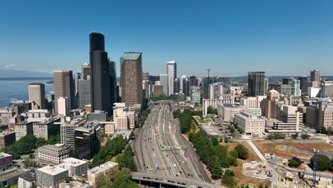 Drone-shot-showing-how-the-freeway-system-cuts-through-Seattle's-downtown
