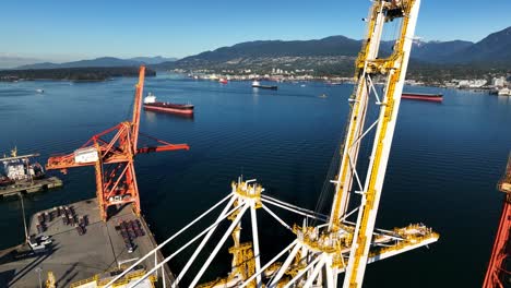 Vancouver,-British-Columbia,-Canada---A-Scene-Featuring-Cranes-at-Centerm---Centennial-Terminals---Major-Container-Port-on-Burrard-Inlet---Aerial-Drone-Shot