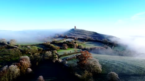 Aerial-footage-of-Glastonbury-Tor,-Somerset,-england