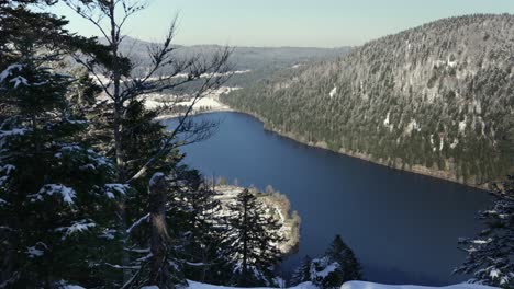 Winter-landscape-static-shot-of-the-Longemer-lake,-in-Vosges,-France,-snowy-pine-forest-in-the-french-mountains.