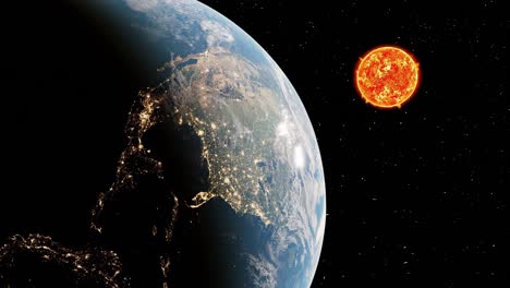 Sonne-Als-Feuerball,-Der-Sich-Vom-Weltraum-Aus-Um-Den-Planeten-Erde-Dreht