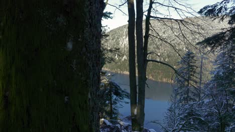 Longemer-lake-with-surrounding-snow-covered-forest-in-Vosges,-France