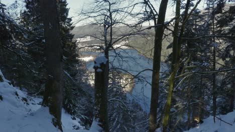 Wide-shot:-Snowy-mountain-landscape-of-the-Longemer-lake-in-Vosges,-France,