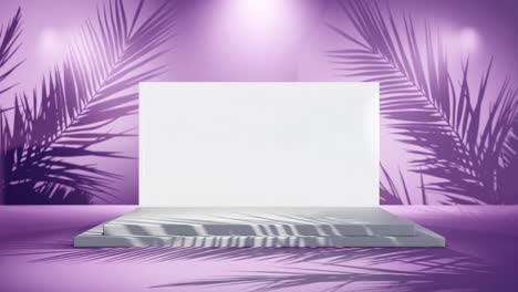 white-blank-screen-product-display-with-palm-tree-gentle-breeze-on-purple-light-background-e-commerce-online-shop-sell-discount