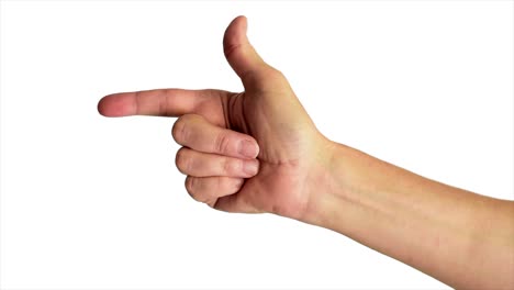 Close-up-shot-of-a-male-hand-pointing-to-the-left,-against-a-plain-white-background