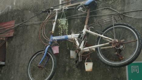 Hanging-bicycle-with-plants-on-urban-wall-in-Taiwan-Street