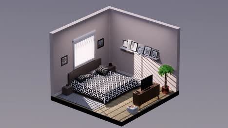 3D-isometrisches-Schlafzimmer-Mit-Bett,-Nachttischen-Und-Fernseher,-Nach-Links-Und-Rechts-Drehbar,-Nahtlose-Loop-3D-Animation,-Innenarchitektur-3D-Szene