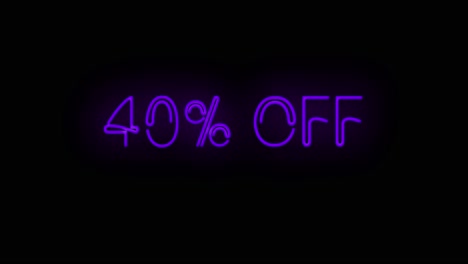 Blinkendes-Neonschild-„40-%-Rabatt“-In-Violetter-Farbe-Auf-Schwarzem-Hintergrund,-Ein--Und-Ausgeschaltet-Mit-Flackern