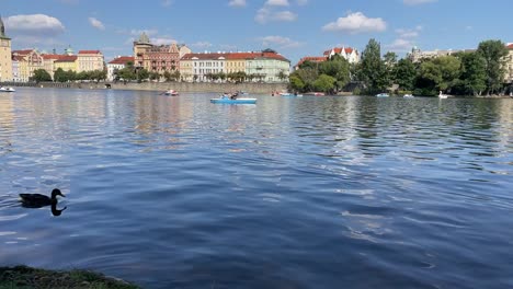 Timelapse-of-tourists-on-pedal-boats-sightseeing-on-Vltava-River,-Prague,-Czech-Republic