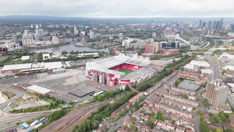 Aerial-View-Of-Old-Trafford-Stadium-And-Salford-Quays-In-England,-United-Kingdom