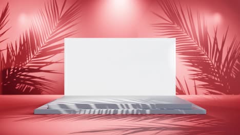white-blank-screen-product-display-with-palm-tree-gentle-breeze-on-red-background-e-commerce-online-shop-sell-discount