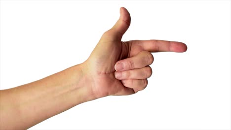 Close-up-shot-of-a-male-hand-pointing-to-the-right,-against-a-plain-white-background