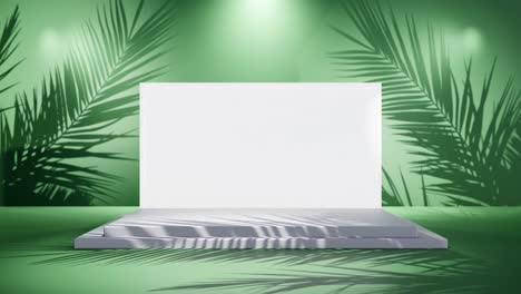 white-blank-screen-product-display-with-palm-tree-gentle-breeze-on-green-background-e-commerce-online-shop-sell-discount