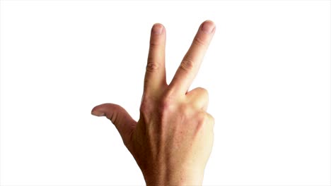 Close-up-shot-of-a-male-hand-throwing-a-classic-gang-sign,-against-a-plain-white-background