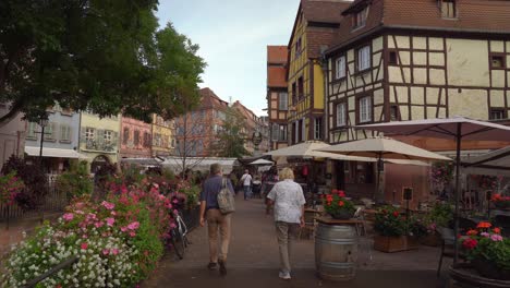 Water-Canal-of-Historic-Center-of-Colmar---Plaza-de-la-Antigua-Aduana-decorated-with-Flowers