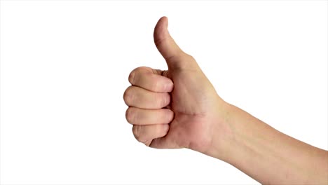 Close-up-shot-of-a-male-hand-giving-a-classic-thumbs-up-sign,-against-a-plain-white-background