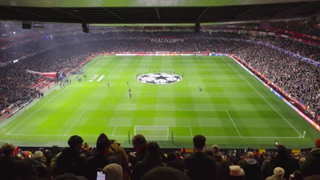 To-the-tune-of-the-Champions-League,-Emirates-Stadium-lights-display