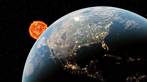 Planet-Erde-Vom-Weltraum-Aus-Gesehen-Mit-Sonnenball-Aus-Feuer,-Wunderschöner-Planet-Erde-Vom-Weltraum-Aus-Beobachtet