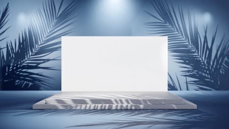 white-blank-screen-product-display-with-palm-tree-gentle-breeze-on-blue-background-e-commerce-online-shop-sell-discount