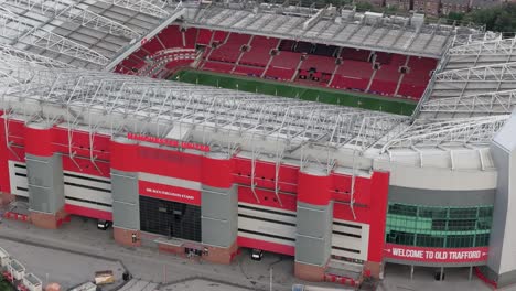 Aerial-View-Of-Old-Trafford-Stadium-In-Greater-Manchester,-England,-UK