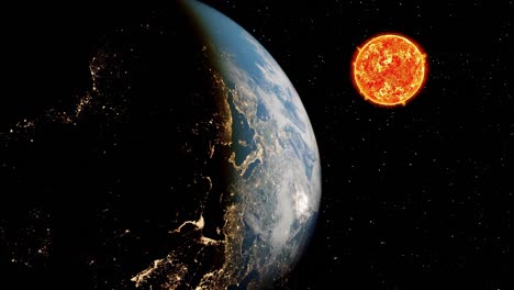 Planeta-Tierra-Y-Sol-Como-Bola-De-Fuego-Vista-Desde-El-Espacio.
