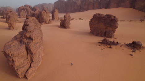 Aerial-View-Of-Man-Walking-In-Desert-Landscape-In-Tassili-N'Ajjer-National-Park,-Algeria---Drone-Shot