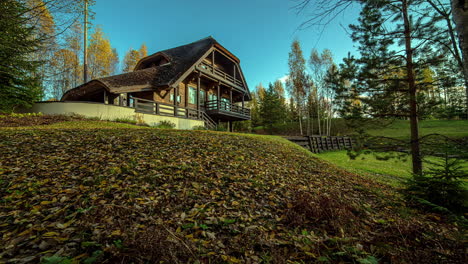 Time-lapse-wonderful-wooden-log-cabin-in-rural-landscape-forest-hyperlapse