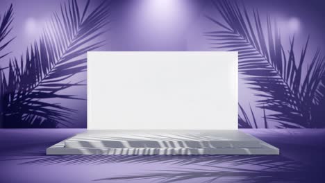 Produktdisplay-Auf-Weißem,-Leerem-Bildschirm-Mit-Sanfter-Palmenbrise-Auf-Violettem-Hintergrund.-E-Commerce-Onlineshop-Mit-Rabatt