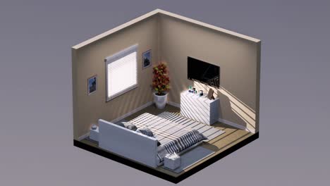 3D-isometrisches-Schlafzimmer-Mit-Bett,-Nachttischen-Und-Fernseher-An-Der-Wand,-Nach-Links-Und-Rechts-Drehbar,-Nahtlose-Loop-3D-Animation,-Innenarchitektur-3D-Szene