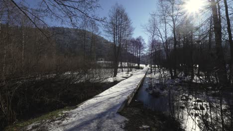 Wide-shot-of-a-bridge-covered-in-snow-and-ice-in-beautiful-forest-landscape-in-Vosges,-France